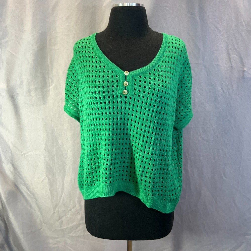 Dokotoo Sweater Womens Small Green V Neck Crochet Eyelets Dolman Sleeve Summer